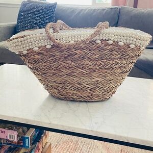 Natural Straw Summer Beach Bag with Pearl Beading Embellishment
